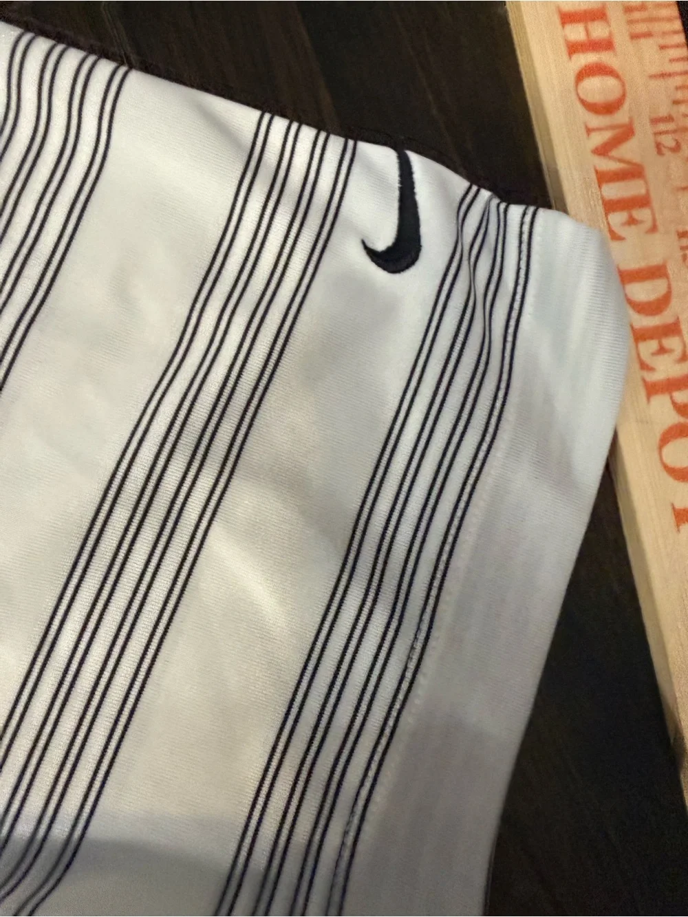 Nike White Dr-Fit Polo with Thin Black Stripes and Purple LSU Logo
